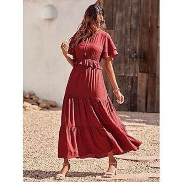 PRETTYGARDEN Womens Summer Boho Maxi Dress V Neck Ruffle Trim High SZ S - Picture 1 of 13